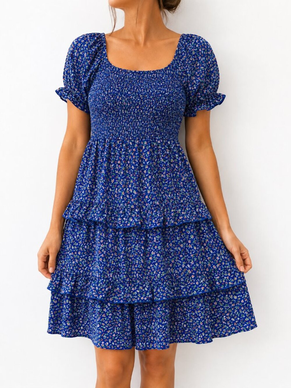 Blue Ditsy Floral Puff Sleeve Tiered Dress Small
